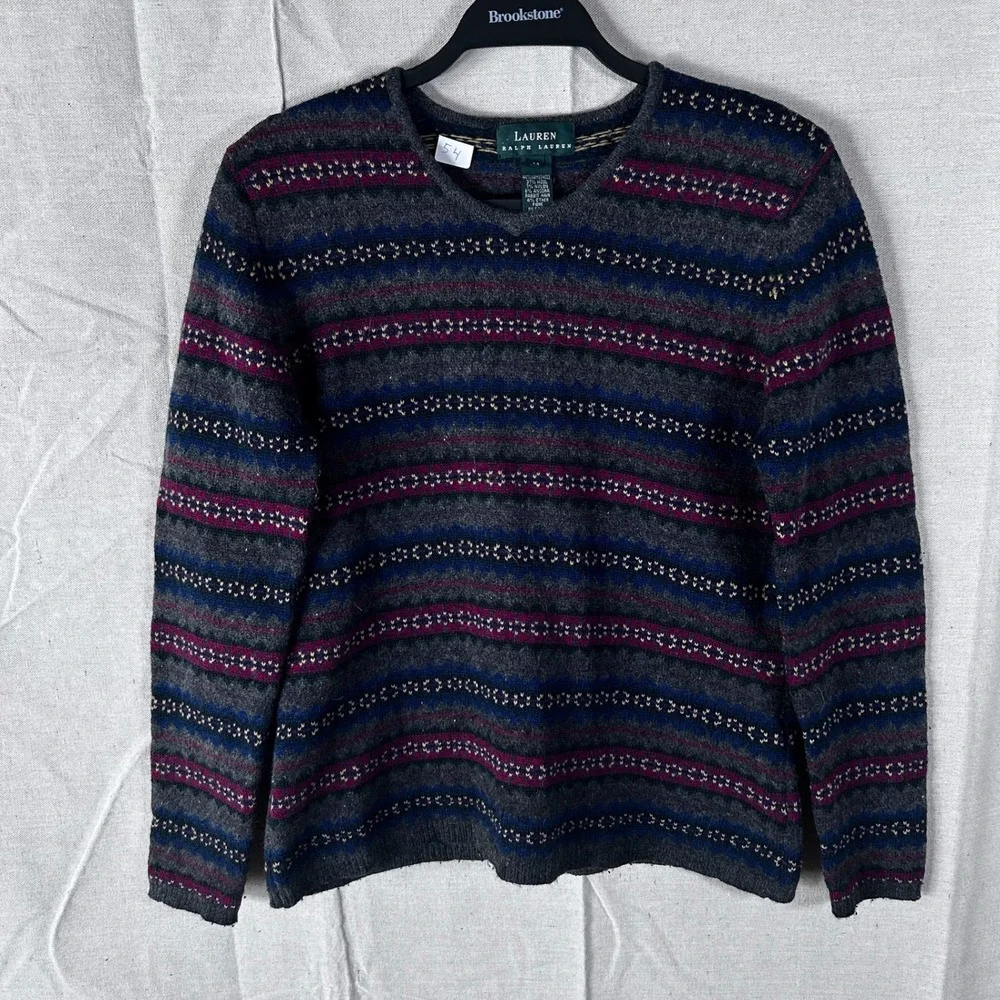 Lauren Ralph Lauren Lambswool‎ Angora Fair Isle Stripe Sweater Grey Burgundy M